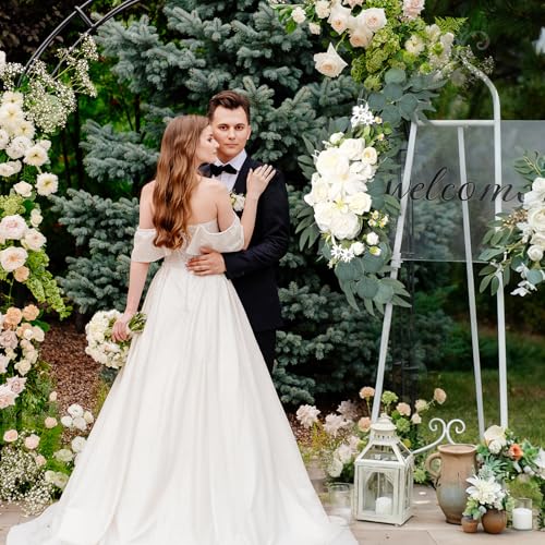Wedding Arch Flowers 2 Pack, Artificial White Roses and Greenery Swag for Welcome Sign Decorations, Ceremony Backdrop, Reception Arch Decor - color: White