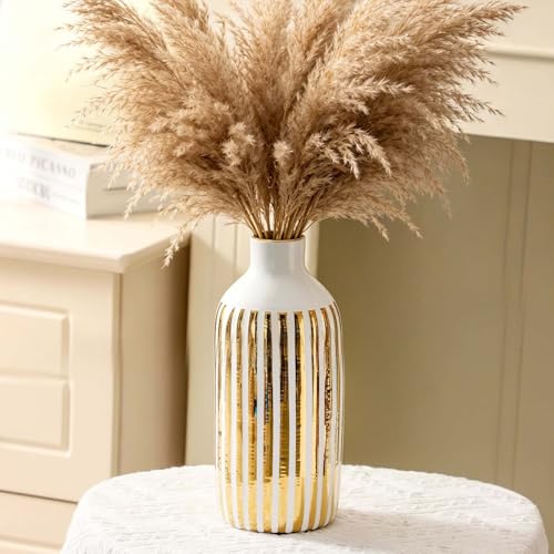 White and Gold Vase, Ceramic Flower vases for Centerpiece, Decorative Flower Vases Vertical Pattern, Vintage-Vases, Tall-Vase for Home Decor, Centerpiece, Modern Minimalist, Indoor/Outdoor（10in） - size: 10 inch
