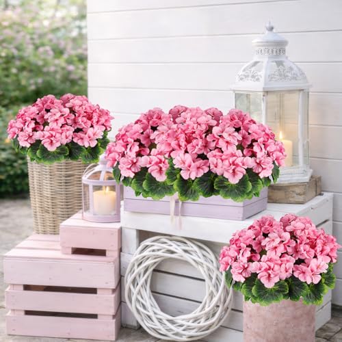 2 Pcs Artificial Geraniums for Outdoor Silk Geranium Flowers Pink Artificial Geranium Bush Faux Flowers Geraniums Branch for Garden Patio Grave Cemetary Vase Table Centerpiece Indoor Decor - color: Pink 1