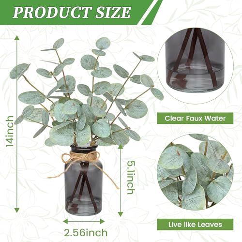Artificial Eucalyptus Stems in Vase with Faux Water,Fake Plants for Bathroom,Coffee Table,Green Leaves for Centerpiece,Faux Greenery Plants Decorations.(Green-Black Bottle) - color: Green-black Bottle