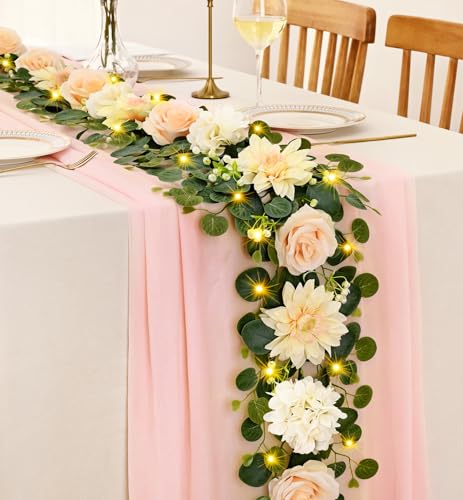 Yastouay 2 Pcs Flower Garland with Lights, 12 Ft Champagne Rose Floral Garland Fake Flowers for Wedding Arch Party Tables Backdrop Decor - color: Champagne With Lights, size: 2 Pack