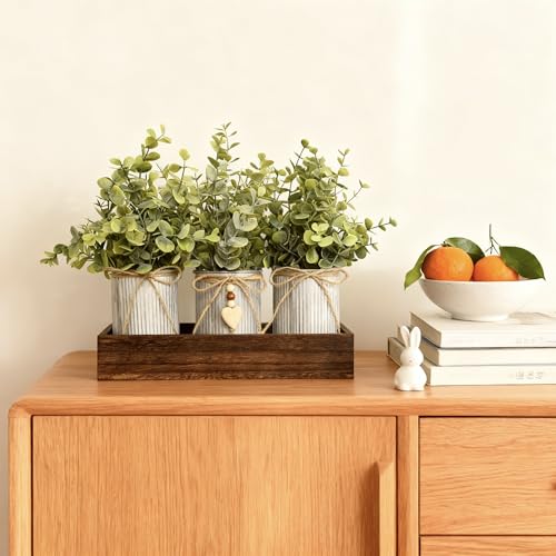 Artificial Flower Decorative Centerpiece, Frosty Green Eucalyptus Table Arrangement with 3 Rustic Metal Pots and Wood Tray for Farmhouse Home Décor - style: Eucalyptus