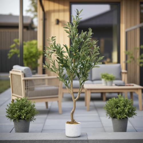 Faux Olive Tree 4FT, Olive Plant Trees Artificial Indoor with Wood Trunk and Realistic Leaves and Fruits, 48in Fake Floor Plants Olive Tree for Home House Office Décor
