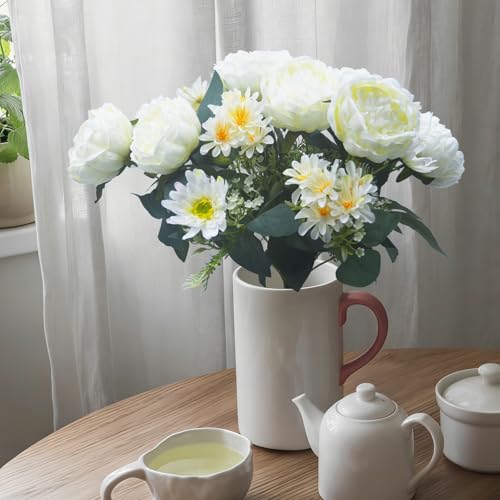 Peonies Artificial Flowers, Fake Peony Bouquet, Realistic Faux Peony Silk Flowers for Wedding, Home Décor, and Table Centerpieces – Ideal for Arrangements and Special Occasions 2 Bouquets (White) - color: White