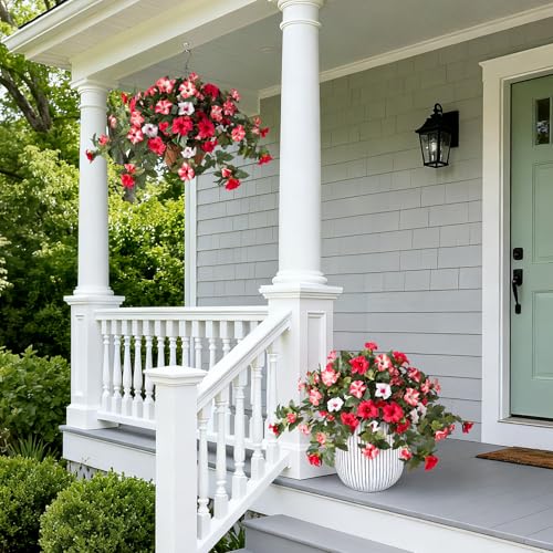2PCS Artificial Petunia Flowers for Outdoors, Fake Flowers for Outdoor Planters UV Resistant Faux Silk Petunias for Garden Porch Yard Balcony Patio Realistic Home Kitchen Decor(Red Pink White) - color: D-red Pink White