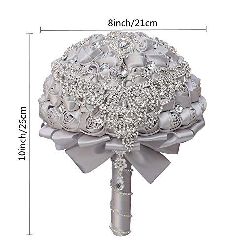 Handmade Luxury Wedding Bridal Bouquet Large Silk Rose Holding Toss Artificial Flowers Bouquets with Satin Ribbon Pearls Rhinestone for Bride Vintage Royal Wedding Bouquet (Silver) - color: Silver