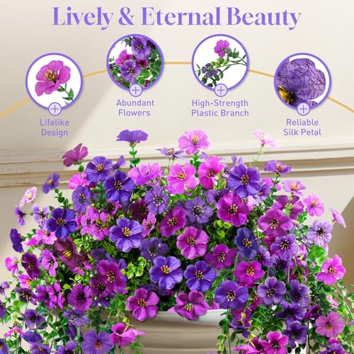 BlessedSeason 2 Pcs Artificial Hanging Flowers, UV Resistant Fake Flowers with Flexible Stems, Full Bundle Faux Flowers for Outdoor Planters, Zero Maintenance for Patio, Garden, Balcony, Double Purple - color: Double Purple, size: 2 PCS