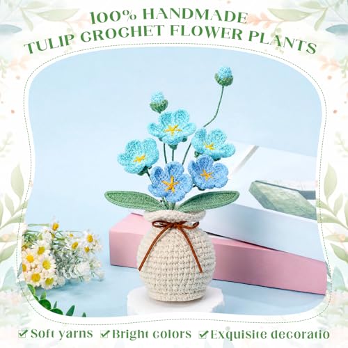 Marsui Crochet Flower Bouquet with Vase Forget-Me-Not Flowers Pot Crocheted Flower Handmade Knitted Potted Flowers Gift for Women Coworker Father's Gifts Back to School Gift Home Decoration (Blue) - color: Blue, style: Forget-me-not