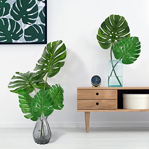 Zeyune 24 Pcs Artificial Palm Leaves Bulk with Faux Stems Large Fake Monstera Leaf for Palm Sunday Wedding Artificial Turtle Leaf Tropical Greenery Plant UV Resistant Hawaiian Jungle Party