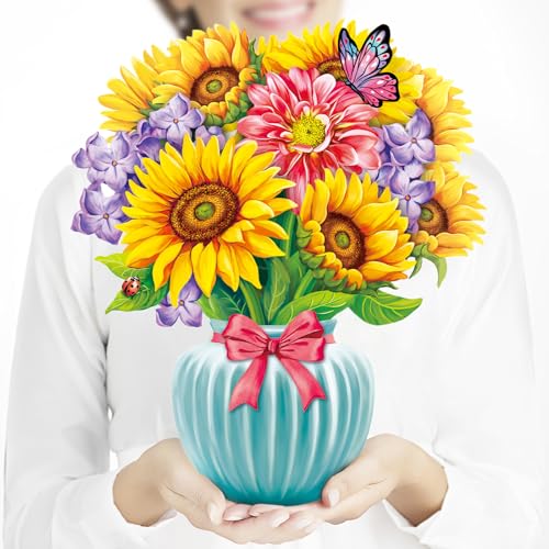 Airpark Pop Up Flower Bouquet Card for Women, 3D Floral Greeting Card with Envelope and Note, Birthday Thank You Thinking of You Get Well Gift for Mom Friend Wife Teacher, Sunflower - style: Sunflowers
