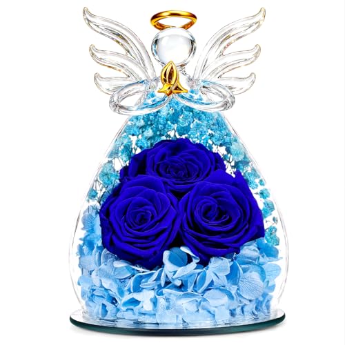 Beferr Gifts for Mom Birthday Gifts for Women, Fresh Flowers for Delivery Forever Preserved Rose in Glass Angel Figurine, Anniversary Christian Real Rose for Grandma Wife Mother from Daughter Son - color: E Dark Blue