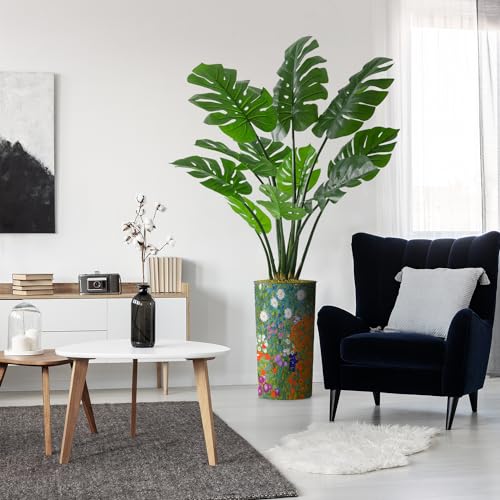 Artificial Tree in Colorful Flower Pattern Planter, Fake Monstera Silk Tree for Indoor and Outdoor Home Decoration - 65" Overall Tall (Plant Pot Plus Tree) - style: Monstera Plant