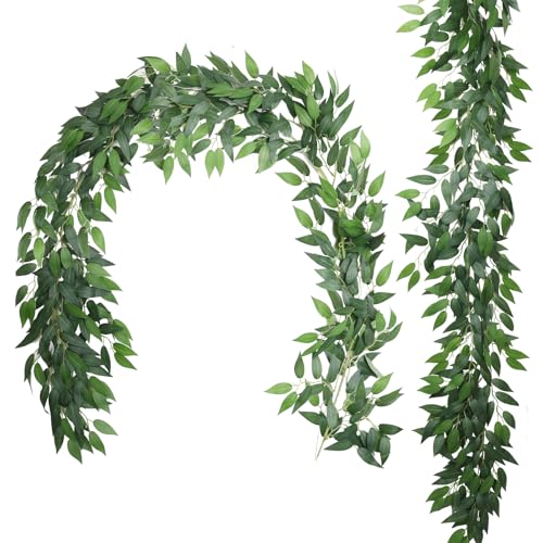 RECUTMS Fake Willow Leaves Vine Artificial Italian Ruscus Greenery Garland 2Pack 6.5FT Faux Hanging Silk Leaf Ivy Rattan for Home Office Wedding Garden Balcony Wall Window Indoor Outdoor Decor - color: Ruscus Greenery Garland 2pcs