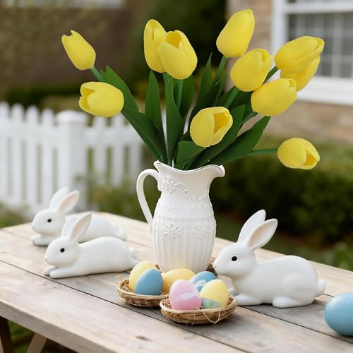 Artificial Tulips Flowers Fake Latex Tulip Stems - 30pcs Real Touch Faux Multicolor Tulips Flower for Easter Spring Wedding Bouquet Centerpiece Floral Arrangement Cemetery Table Decor - color: Yellow 01