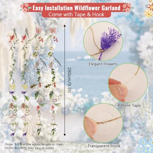 4 Pcs Artificial Wildflower Garland 9.3 ft Garden Vine Decorations Spring Hanging Flower Decoration with 10 Hooks Fake Wildflower Backdrop for Classroom Windows Wedding Party Home Outdoor