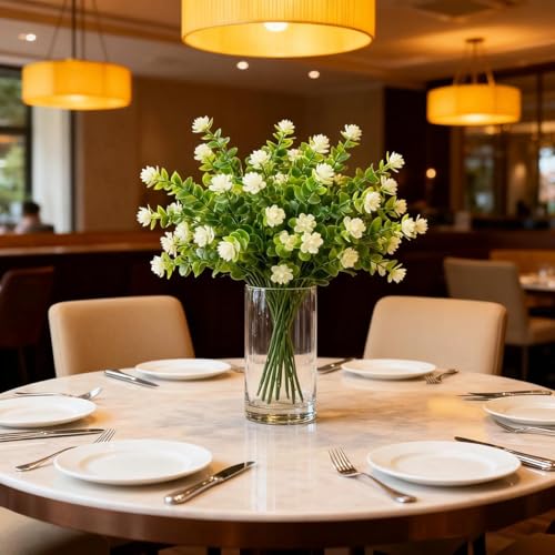 1 Pack 7-Fork Simulated Eucalyptus Roses, Green Potted Artificial Flowers, Home Decoration and Wall Decoration(White) - color: White