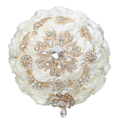 6.3in Small Bridal Bouquet Wedding Handmade with Luxury Gold Rhinestone Brooch Satin Rose Flower for Bridesmaid Bridal Wedding Bouquet Ivory - color: Ivory, size: Small (DIA. 6.3"/16cm)