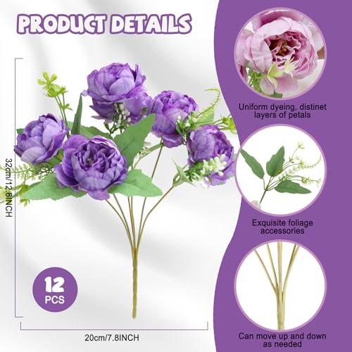12 Pcs Artificial Peonies Silk Flowers, Fake Peony Bouquet Boho Faux Flowers Arrangements for Wedding Home Centerpiece Table Decoration (Dark Purple) - color: Dark Purple
