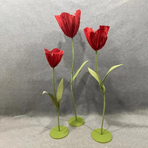 Set of 3 Giant Artificial Tulips Flowers for Decoration Wedding Reception Huge Artificial EVA Tulip Flower for Birthday Wedding Arrangements Banquet Background Decor Shop Window Display - color: Red