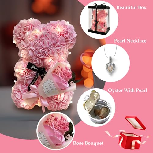Romantic Valentines Day Gift for Her, Artificial Flowers Bouquet Necklace Rose Teddy Bear with Real Pearl Blind Box Birthday Gift, Valentiness Day Gift for Monther Wife Girl (Pink) - color: Pink