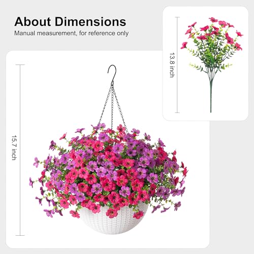 HyeFlora Artificial Fake Hanging Flowers Plants Basket for Outdoor Outside Decoration, Faux Silk UV Resistant Realistic Colorful Daisy in Planter for Porch Patio Garden Yard Home - color: Purplehotpink
