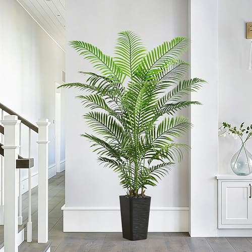 Artificial Palm Tree Indoor, 6FT Fake Floor Plants Large Tropical Silk Plant with Black Square Planter, Faux Areca Palm Plant Artificial Tree in Pot for Home Room Office Outdoor Patio Decor