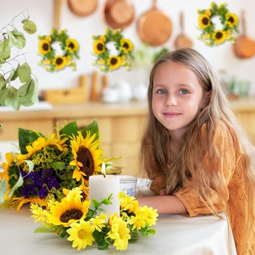 6 Pcs Small Sunflower Wreaths with Ribbon for Cabinet Front Door Mini Artificial Floral Hanging Wreath 3" Spring Summer Fake Yellow Daisies Wreaths Farmhouse Pillar Window Home Wall Party Décor - color: Sunflower