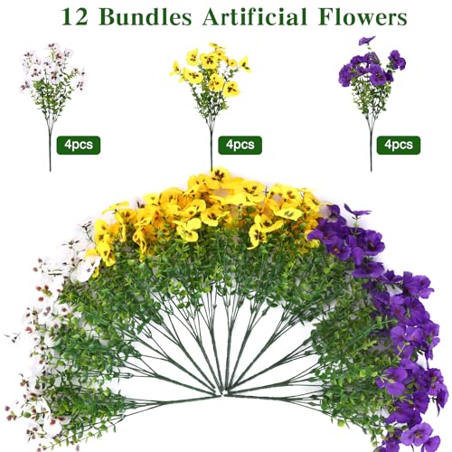 CEWOR Artificial Flowers for Outdoor Indoor, Fake Silk Pansy with Eucalyptus Leaves, Faux Flower for Garden Front Door Porch Planter Patio Home Decor (12 Bundles, Yellow White Purple) - color: 3 Color Pansy