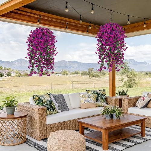 3PCS 396 Heads Artificial Morning Glory Flowers for Outdoors Faux Hanging Flowers Fake UV Resistant Flowers Realistic Trailing Faux Plant for Porch Patio Balcony Yard Decora (Violet Red Purple) - color: Violet Red Purple