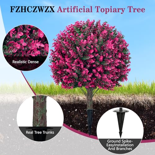 24" Artificial Pink Eucalyptus Topiary Ball Tree Set of 2, UV Resistant Fade-Proof Faux Evergreen Shrubs, Realistic Fake Plant for Indoor Outdoor Garden Patio Front Porch Landscaping - color: Pink Eucalyptus