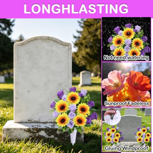 Lodou Artificial Cemetery Flowers for Grave,Set of 2 Artificial Rose Sunflower Bouquet Graveyard Memorial Flowers for Outdoor Grave Decorations ﻿ (Purple) - color: Purple