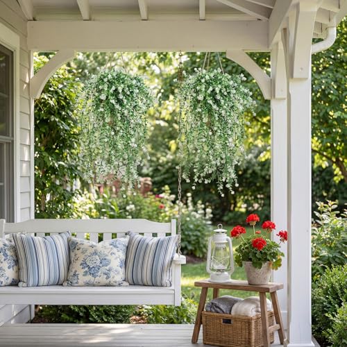 Artificial Hanging Eucalyptus Flowers for Outdoors 6PCs White Faux Hanging Vines Plants UV Resistant Fake Ferns Plants for Outdoors Home Porch Patio Garden Front Porch Summer Decor(White) - color: White