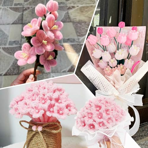 Peryiter 371 Pcs Pipe Cleaners Flowers Kit, Pipe Cleaners Chenille Stems Bulk with Floral Wire Gardening Tape Stamen, Fluffy Limpiapipas para Flores for DIY Mother's Day Decor(Pink) - color: Pink