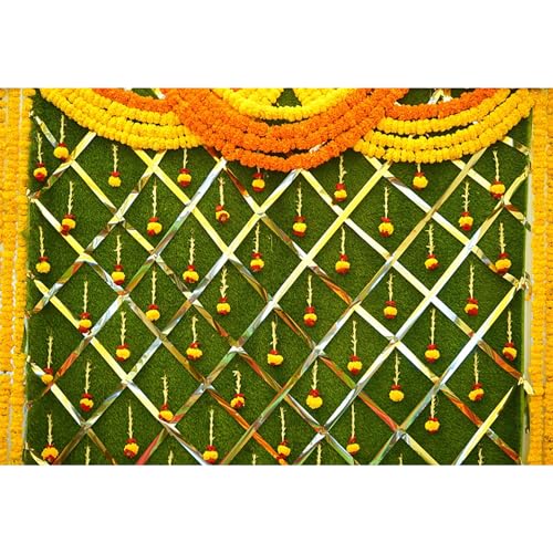 10x6.5ft India Pooja Photography Backdrop Yellow Flower Green Flower Wall Hindu Photography Background Indian Wedding Puja Ganpati Pooja Traditional Mehndi Festival for Kids Adult Props Video - size: 10x6.5ft