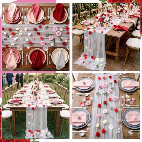 6 Pcs 35.4 Inch Artificial Hot Pink Flower Garlands with 3 Pcs 10 Ft Wedding Tulle Table Runner Wildflower Vines Floral Table Runner Garlands for Wedding Bridal Shower Spring Tea Party - style: Blooming Flower