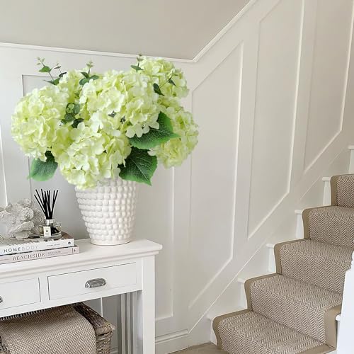 JINWOE Green Hydrangea Artificial Flowers, 5Pcs 20Inch Large Lifelike Faux Silk Flowers, Full Artificial Hydrangeas for Bouquet Table Centerpieces Indoor Spring Outdoor Home - color: Green