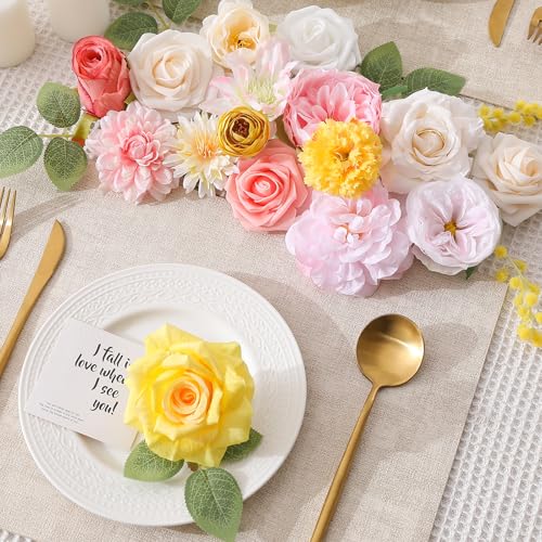Kisflower Flowers Artificial Combo Cake Flowers Decorations Fake for DIY Wedding Bridal Bouquet Centerpieces Arrangements (Pink Yellow) - color: Pink Yellow