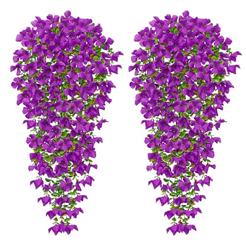 Betylifoy Artificial Hanging Flowers for Outdoors Summer Decor 2PCS Fake Hanging Plants UV Resistant Faux Silk Purple Violet Flowers Greenery Trailing Vines for Indoor Outside Garden Porch Decor - color: Purple