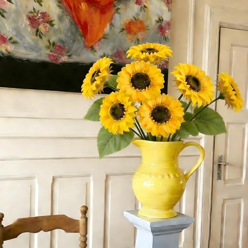 12 PCS Fake Sunflowers Silk Sunflowers Long Stem Large Summer Yellow Flower | 6in Large Heads Flower Arrangement Indoor Home Decor for Tall Vase