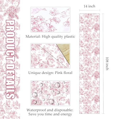 12 PCS Pink Floral Table Runner 14 x 108 Plastic Flower Table Runner for Party Birthday Baby Shower Bridal Shower Wedding Disposable Table Runners - color: Pink Floral Table Runner, size: 12 PCS