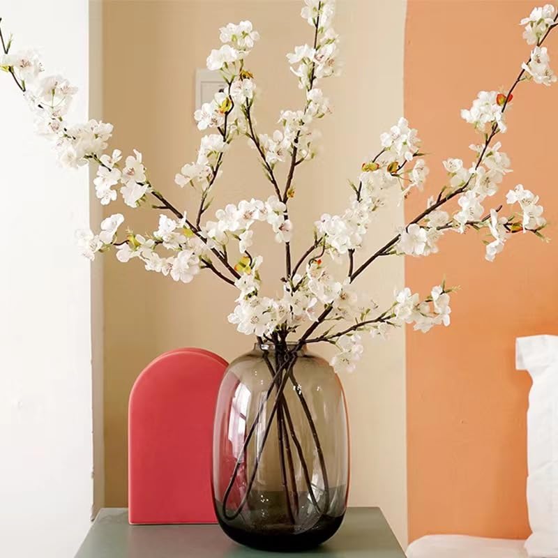 Artificial Flowers Cherry Blossom Branches Fake Flowers,White Silk Peach Flowers Bulk Faux Spring Branches Arrangement Fake Cherry Flowers Stems 4Pcs for Indoor Outdoor Table Vase Deco - color: White