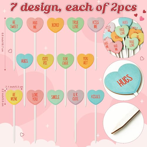 TICIAGA Valentines Wooden Decorative Picks - 14PCS Valentine’s Day Double-Sided Wooden Heart Picks with Words Romantic Farmhouse Decor Colorful Floral Holiday Decorations for Home Vase Filler - color: Colorful Heart With Words