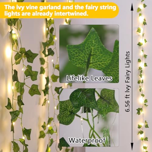 2 Pack Vines with Lights Battery Operated, 6.56ft 20 LED Vines with Fairy Light, Leaf Light with 8 Modes, Fake Vines Ivy String Lights for Bedroom, Wall, Room, Garden, Party Decor - color: Green Ivy, size: 2 PACK x 6.56 FT
