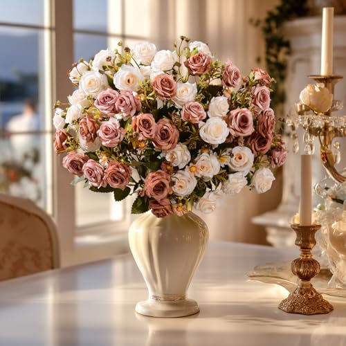 Artificial Rose Flowers for Outdoor 4 Bundles Rose Bouquet with Daisy Faux Flowers UV Resistant for Home Indoor Outside Garden Porch Window Box Balcony Yard Porch Fall Decor (White+Brown) - color: White+brown