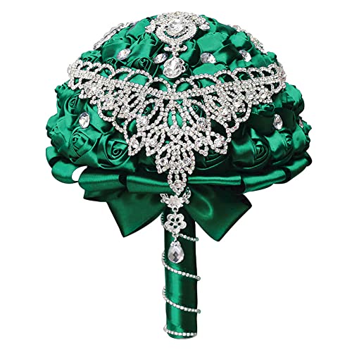XINNI Emerald Green Wedding Bridal Toss Bouquet for Bride Bridesmaid Satin Rose Flower Wedding Bouquet with Drop-Shaped Rhinestones Dark Green - color: Dark Green