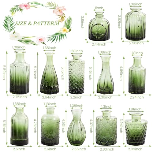UPBUD Green Glass Bud Vases Set of 12, Mini Flower Vase for Centerpieces, Small Glass Vases in Bulk for Wedding Decorations, Vintage Vase for Bridal Shower, Party, Recepetion, Home Table Décor - color: Standard-green, size: 12pcs