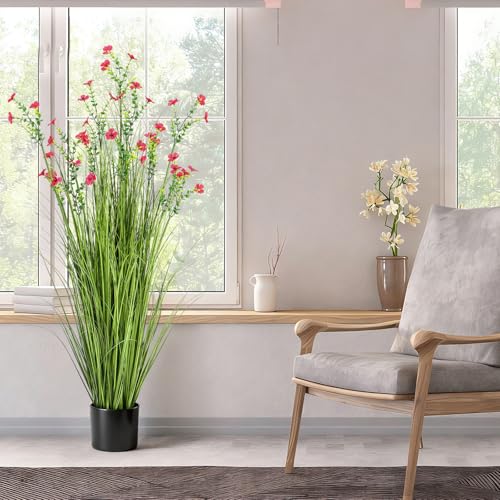 Jexine 2 Pack 4ft/47inch Artificial Grass Plant Outdoor Artificial Greenery Grass in Pot with Fake Fuchsia Flowers for Spring Room Office Indoor Outdoor Decor Housewarming Gifts - color: Red Fuchsia, size: 4ft