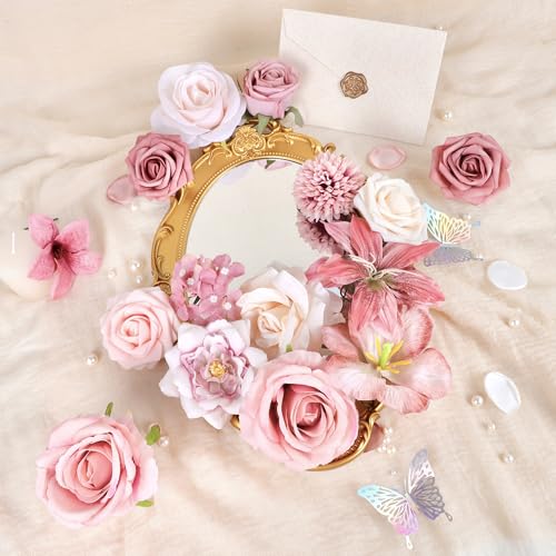 Dusty Rose Artificial Flowers, Fake Rose Dusty Pink Flowers Faux Flower Arrangements Centerpieces Table Decor Wedding Party Baby Showers Home Cake Floral Decorations - color: Pink