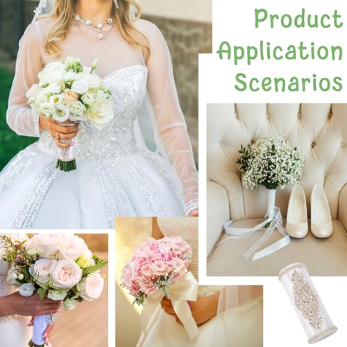 BENECREAT Bouquet Holder, 2 Inch Champagne Royal Satin Wedding Bridal Bouquet Handle Set with Rhinestones, Fresh Flower Artificial Flower Bouquet Holder, Cylinder Bouquet Decor