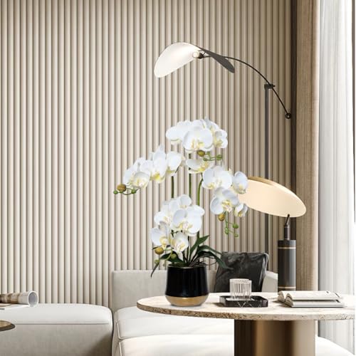 Artificial Orchid Flowers in Ceramic Vase Realistic White Faux Orchids 19.5 Inch Fake Phalaenopsis Plant Arrangements for Home Indoor Centerpiece Decor (Set of 4 Stems) - color: White, size: 14CM- BlackGolden